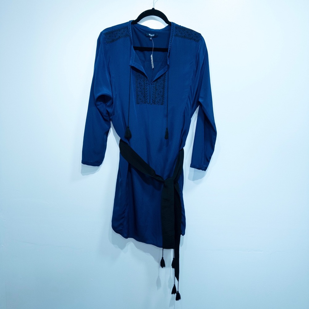 Madewell Navy Blue Silk Prologue Embroidered Long Sleeve Belted Dress Small NWT